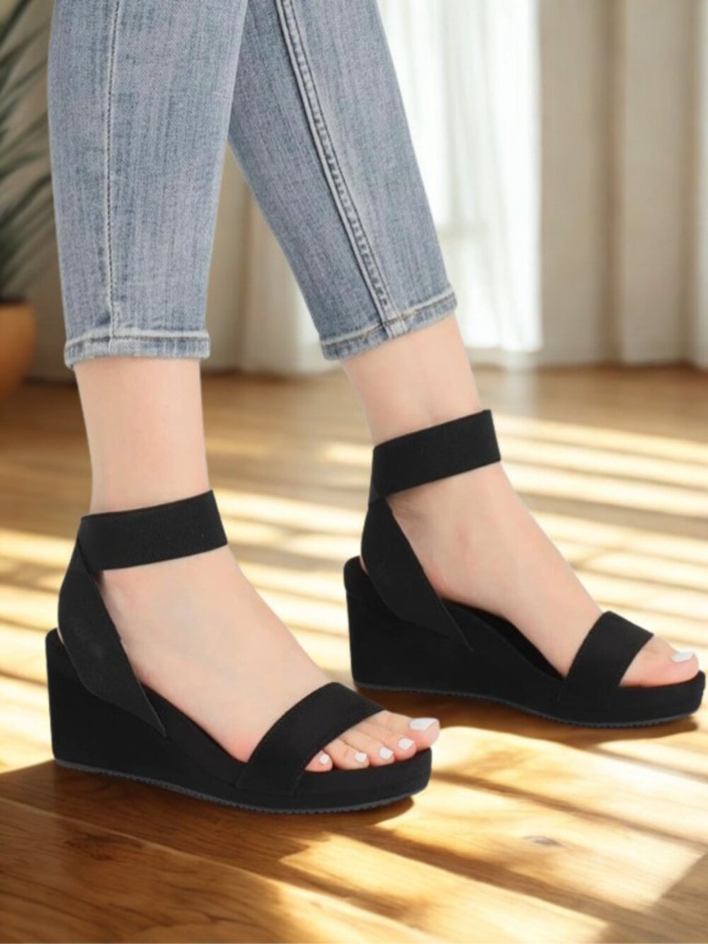 NIB Dream Pairs Black Elastic Ankle Strap Summer Fall Platform Wedge Sandals 6.5